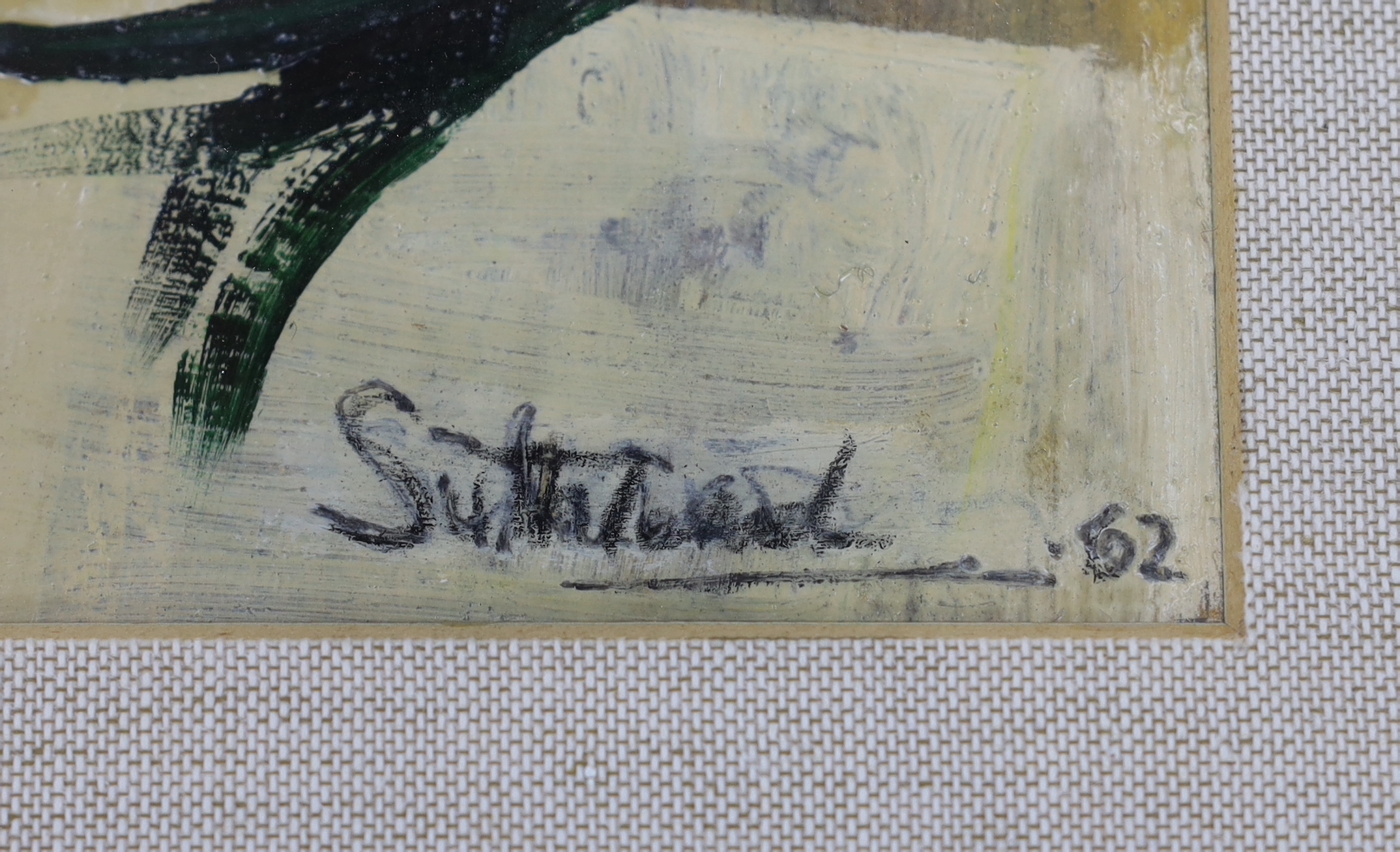 Sutherland (20th. C), abstract oil, Leaves, signed and indistinctly dated, possibly '62, 31 x 21cm